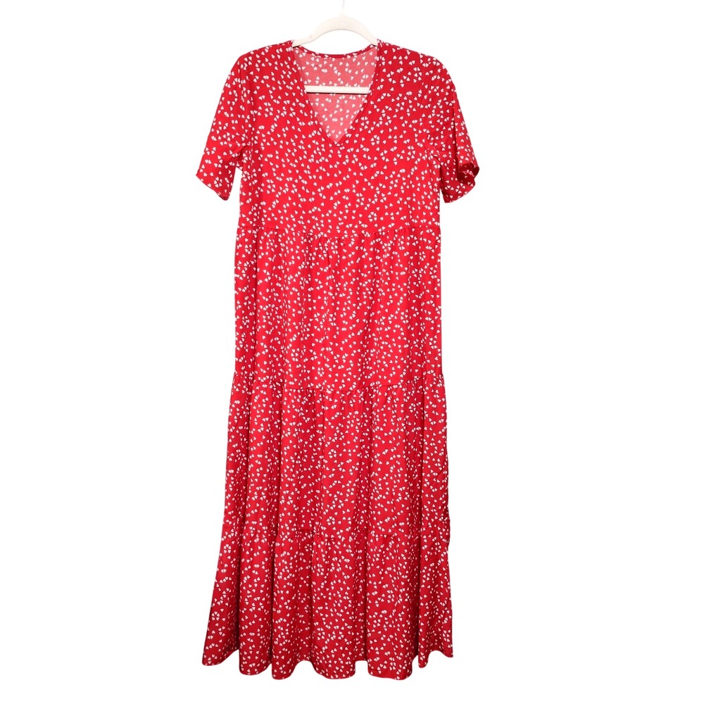 Red Heart Print Tiered Maxi Dress V-Neck Short‎ Sleeve Small